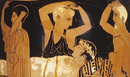 Bild: Gemeinsame Trauer um einen Verstorbenen. Rotfigurige Grabvase, um 440 v. Chr.